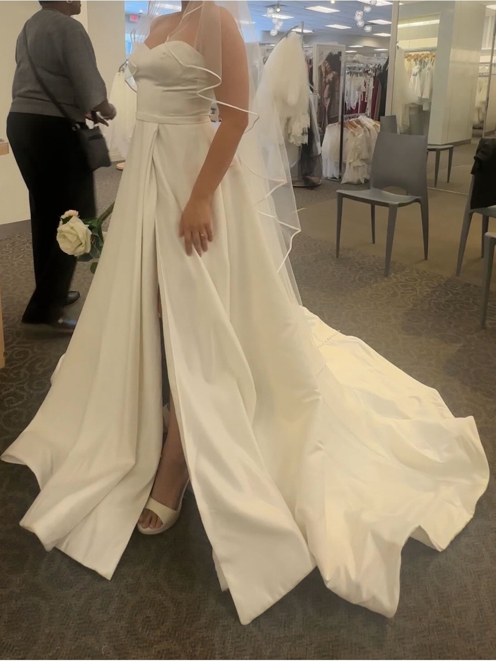 David's Bridal White Strapless Ball Gown with Front Slit and Veil